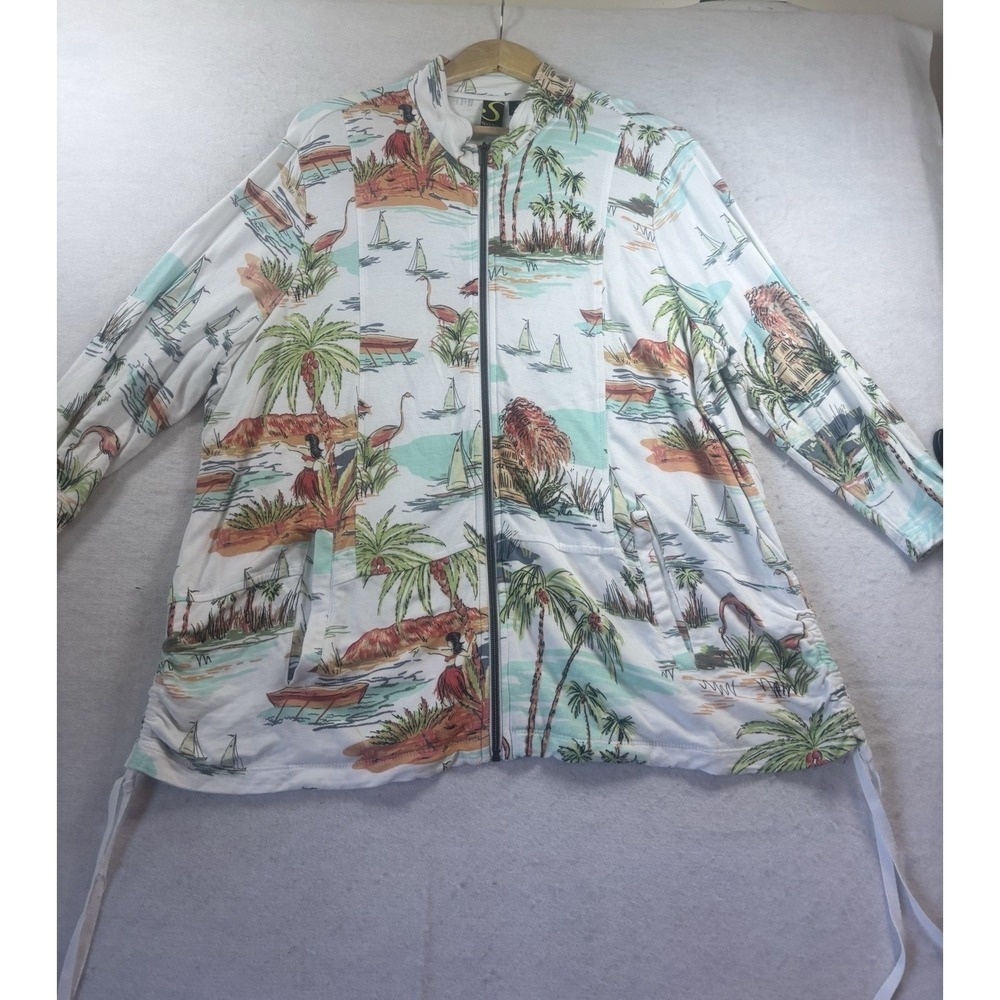 Sportelle Casual Tropical Hawaiian Print Zip Up Jacket Flamingo Sailboat Size 1X